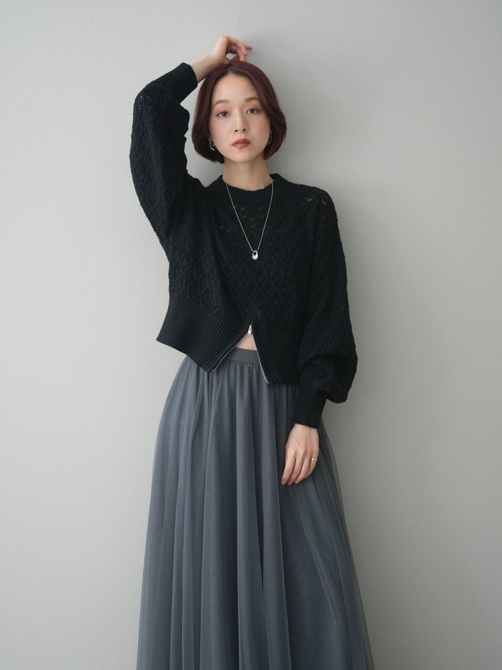 [予約]透かし編みフロントジップスリットニットプルオーバー/black