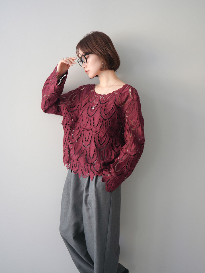 [予約]透かしコードレースブラウス/bordeaux