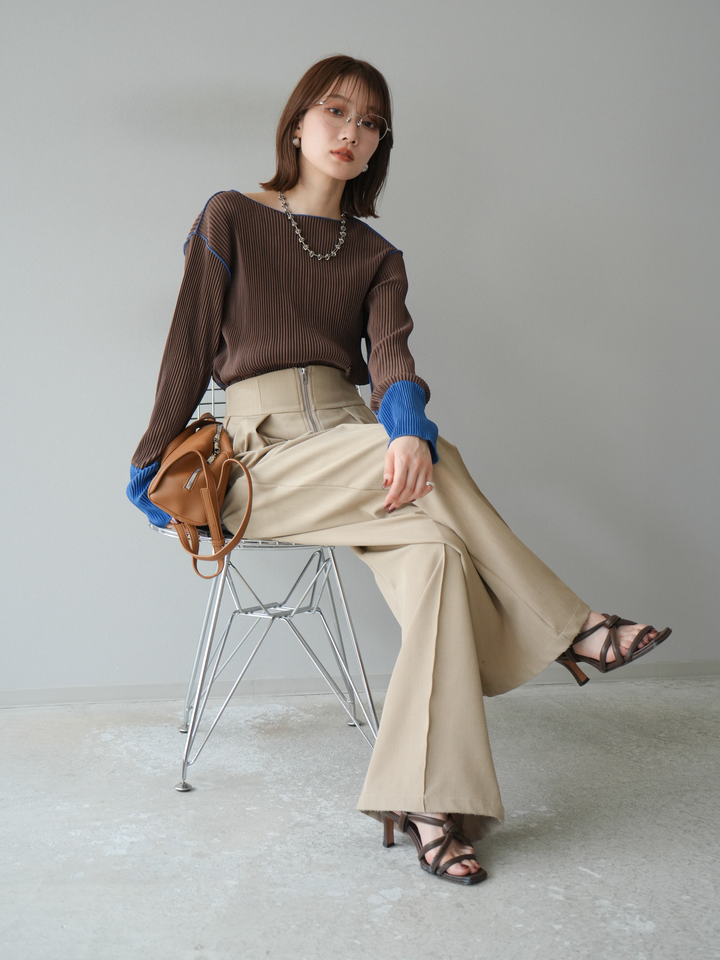 [予約]バイカラープリーツトップス/ブラウン