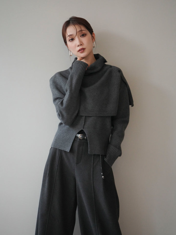 [予約]フロントスリットネックアンサンブルニット/charcoal
