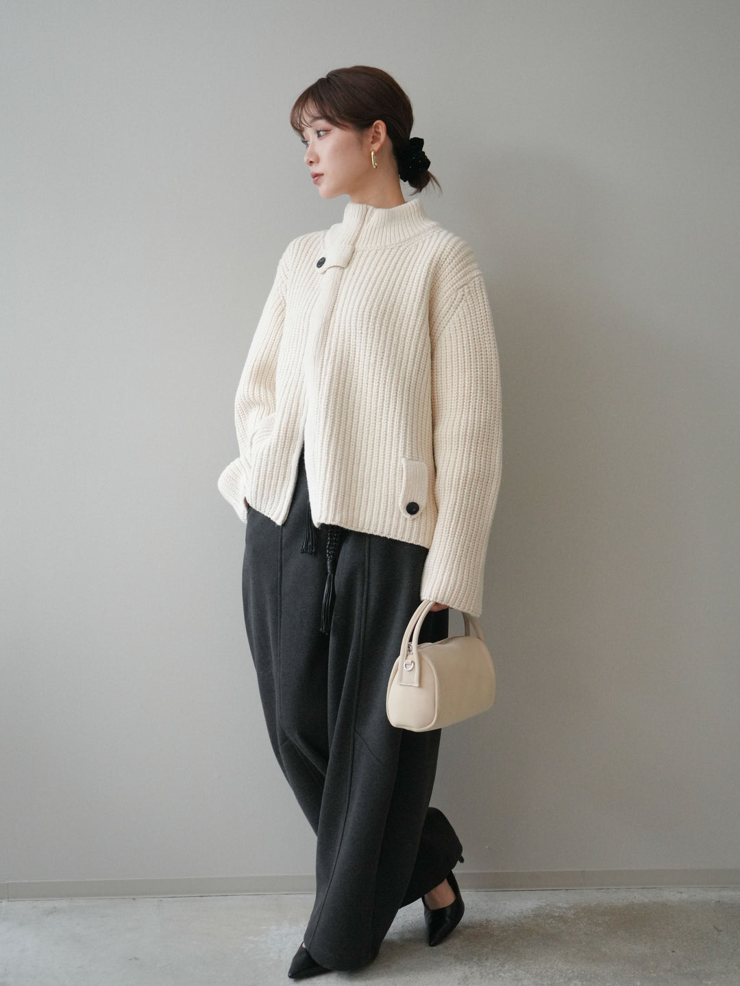 [SET]畦編みボトルネックZIPニットカーディガン+ベルト付裏起毛センターシームカーブパンツ(2set)