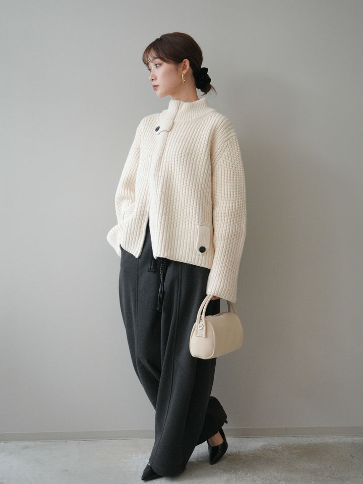 [SET]畦編みボトルネックZIPニットカーディガン+ベルト付裏起毛センターシームカーブパンツ(2set)