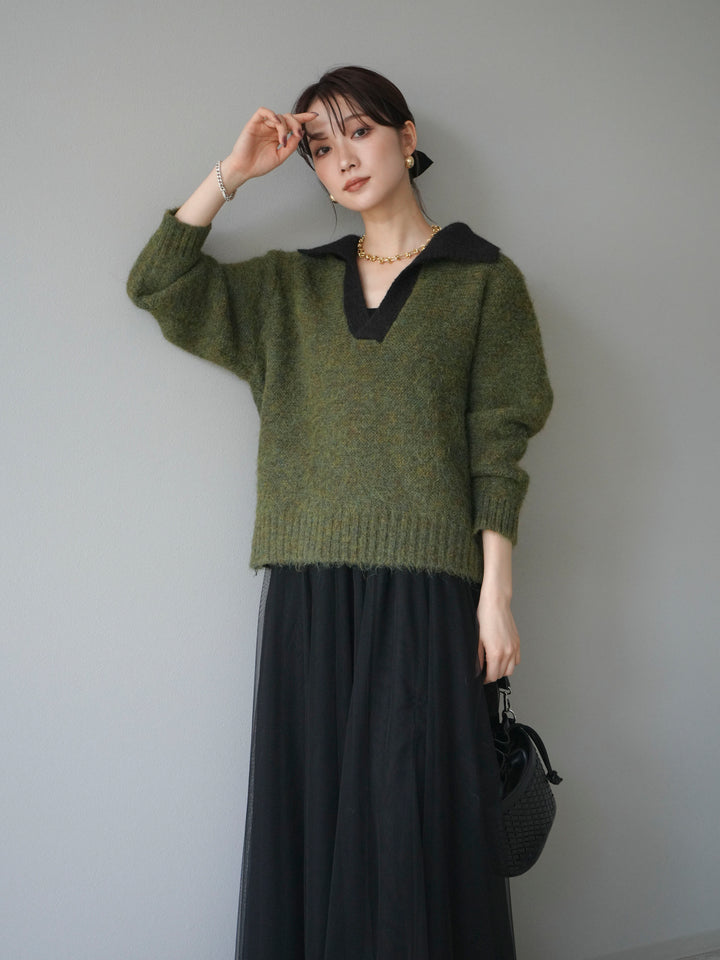 [予約]バイカラー襟付きニットプルオーバー/green