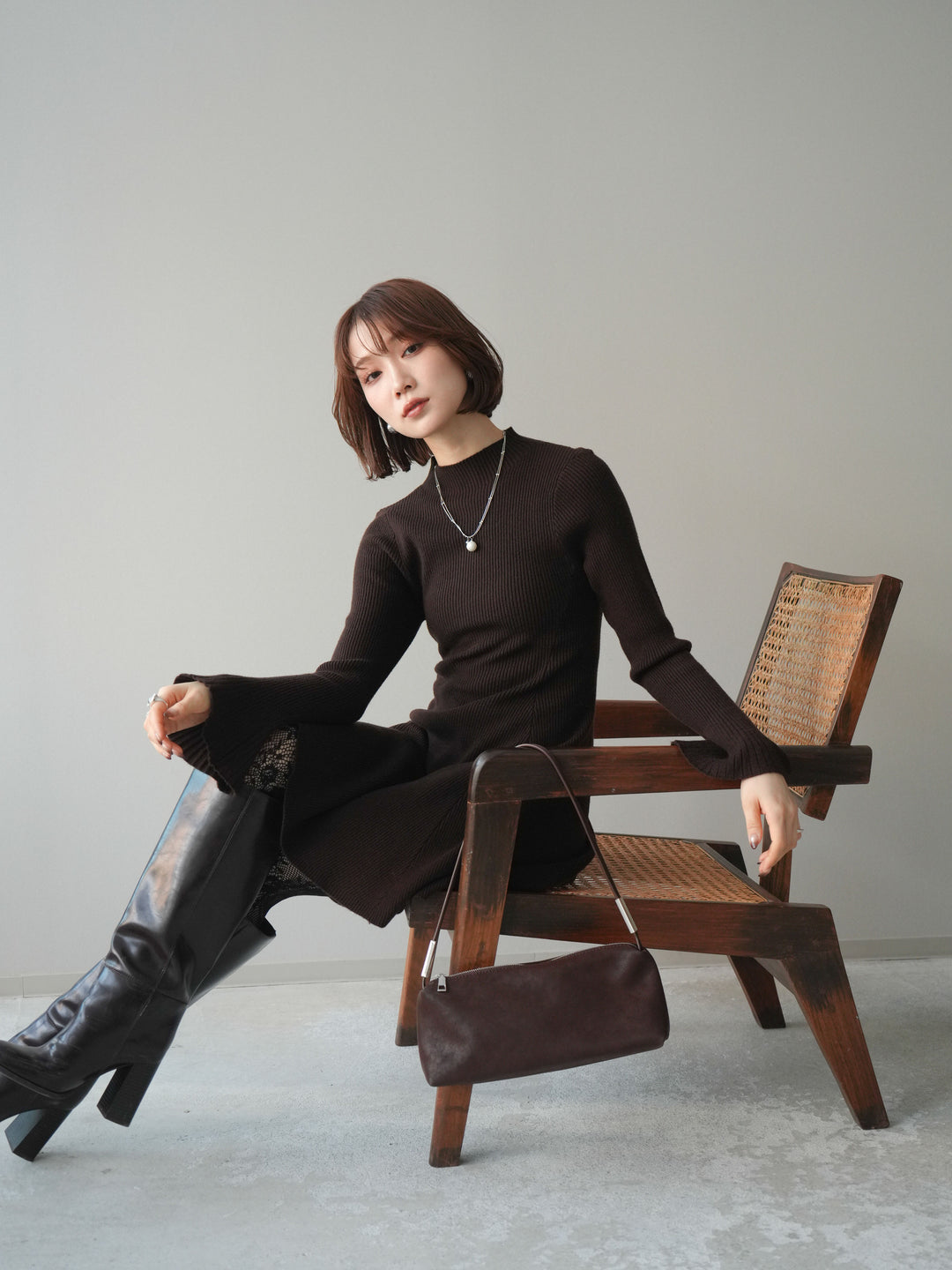 [予約]フレアリブニットミニワンピース/brown