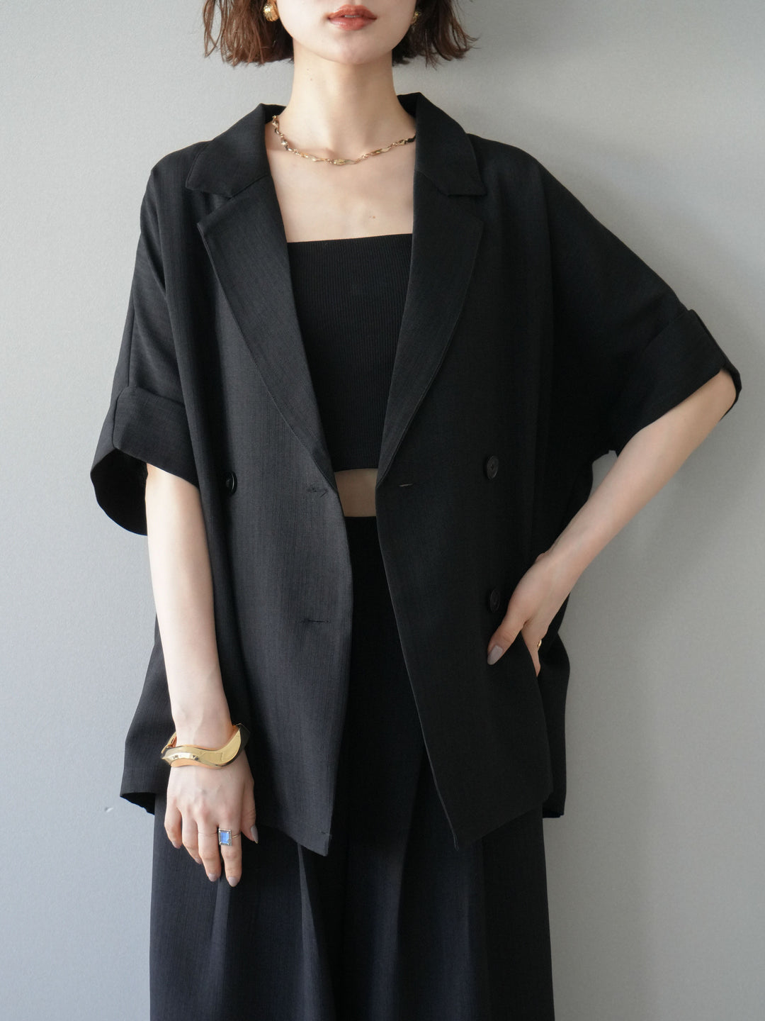 【套裝】亞麻質感半雙層外套+亞麻質感束口寬腿褲（兩件套）