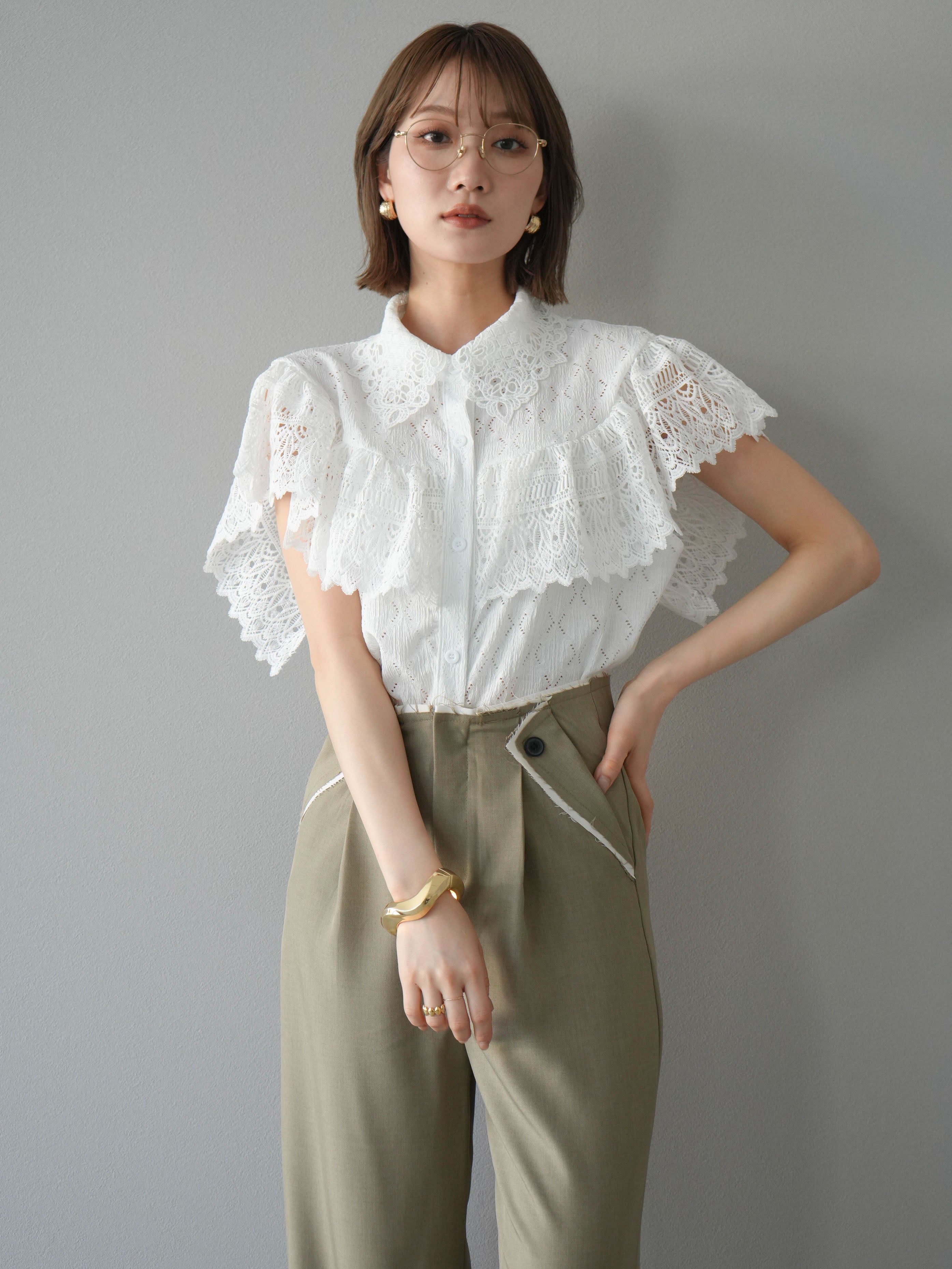 SET]ラッフルレースノースリーブブラウス+カットオフレイヤード