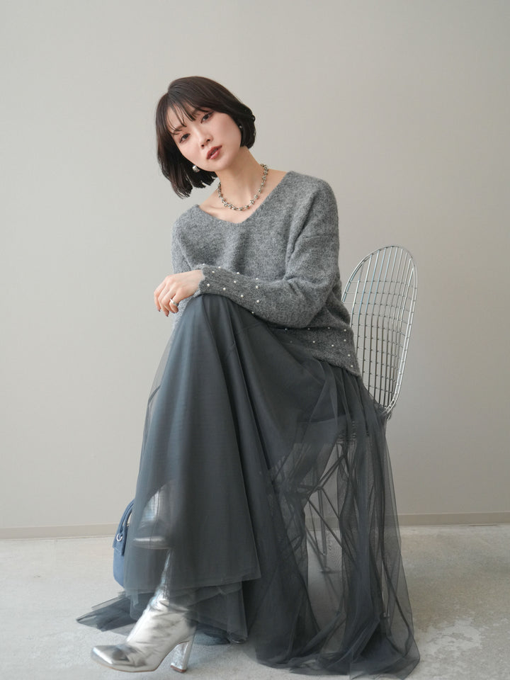 [SET]パールフリルリブヘムニットプルオーバー+チュールボリュームスカート(2set)