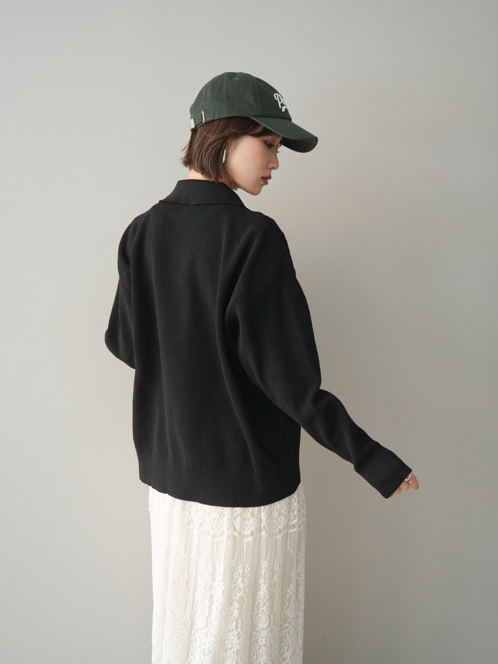 [予約]メタルボタン襟付きポリエステルニットカーディガン/black