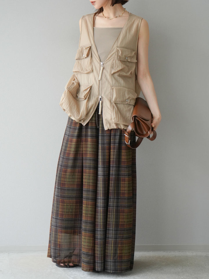 [預購] 透視格紋寬鬆褲/棕色