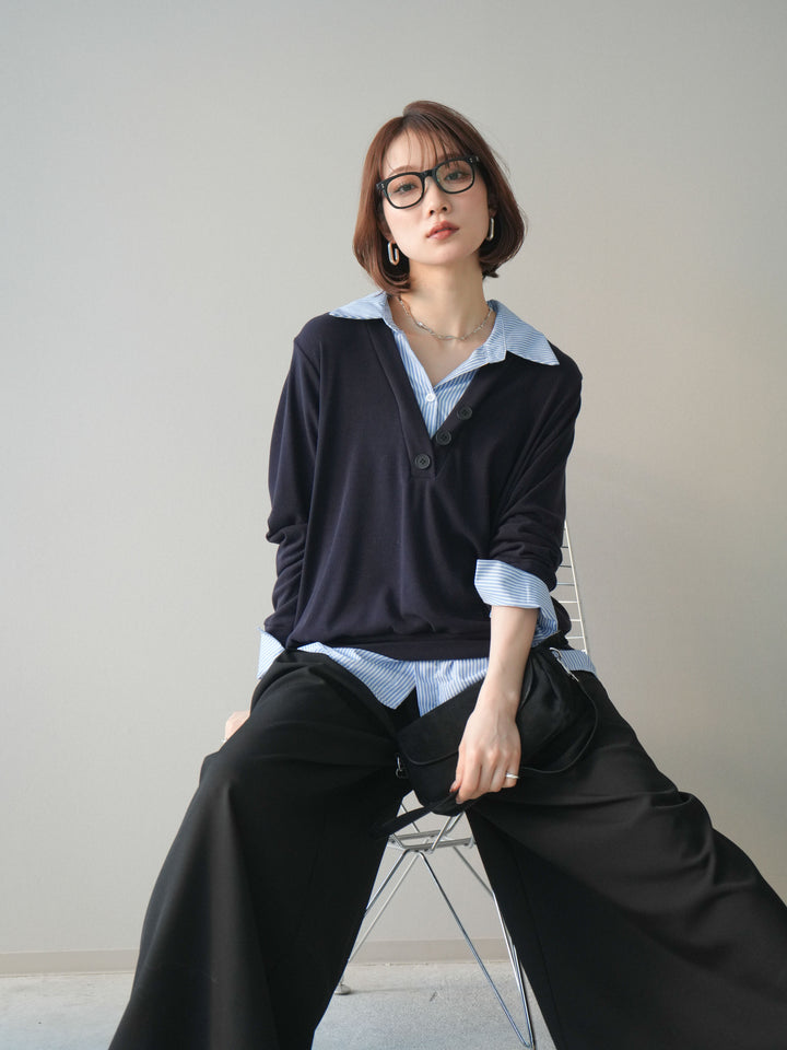 [予約]シャツレイヤードデザインカットプルオーバー/navy