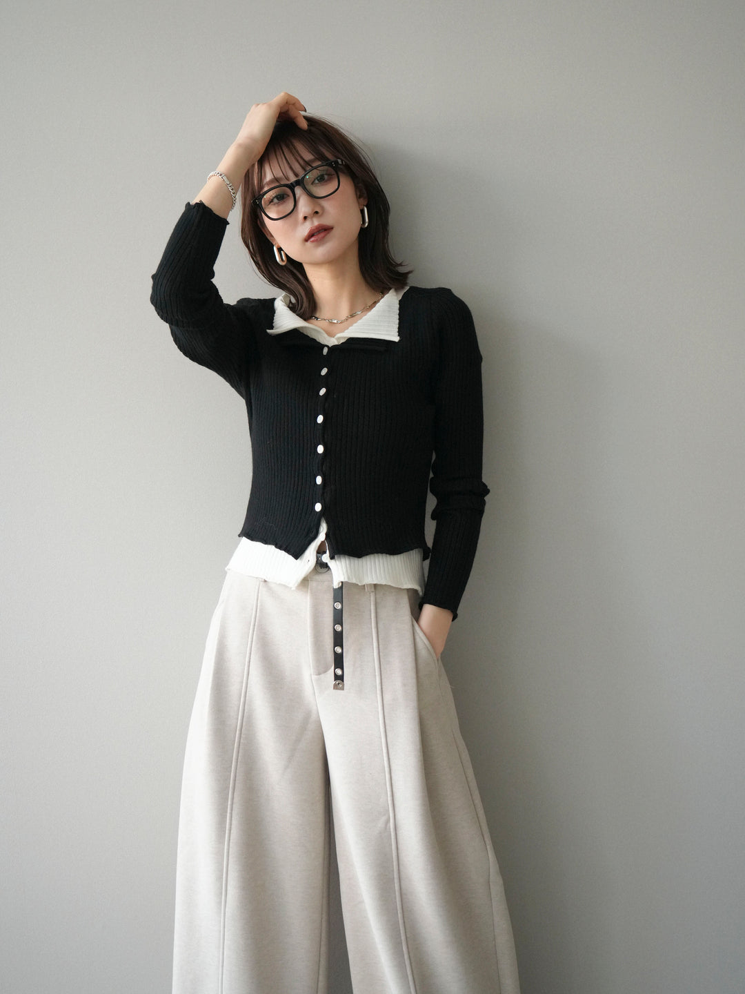 [予約]配色レイヤードリブニットカーディガン/black