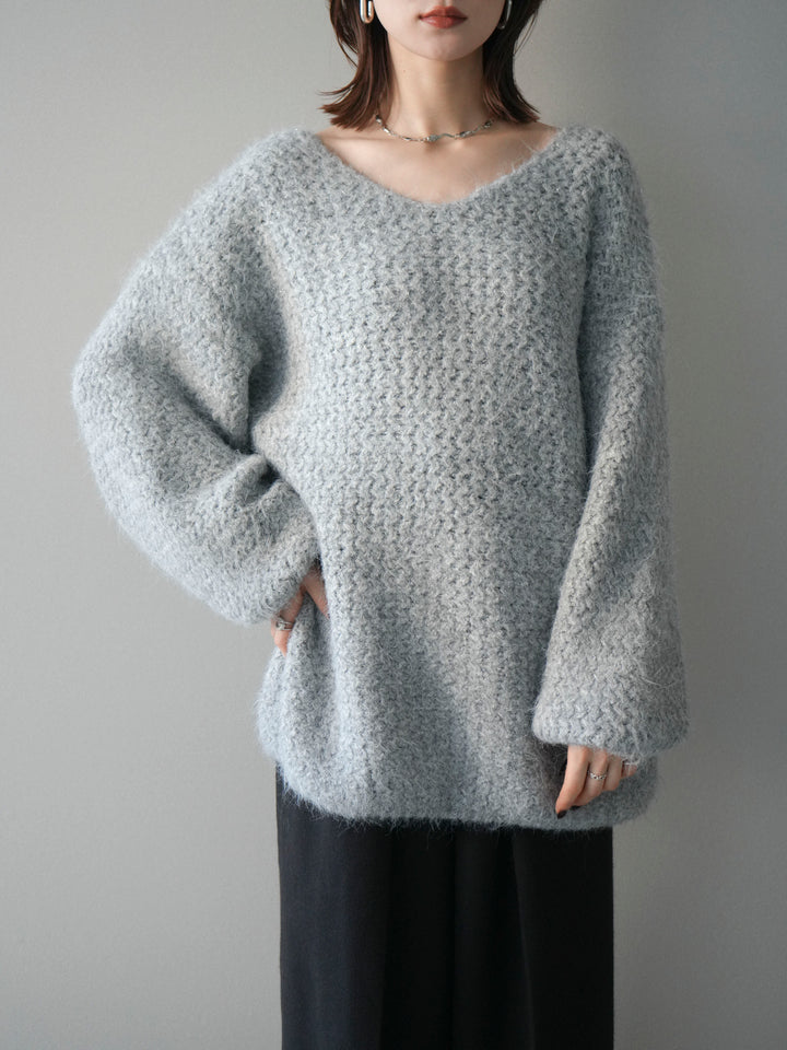 [予約]ウールタッチラメミックスヤーンVネックニットプルオーバー/lightgray