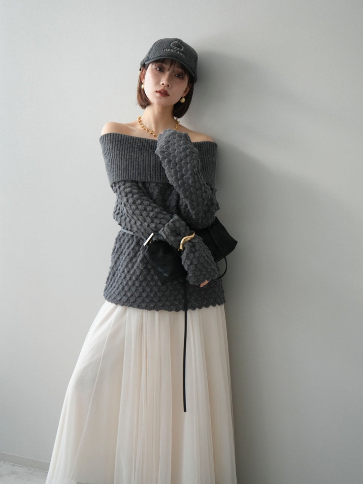 [SET]ポコポコ編みオフショルニットプルオーバー+チュールボリュームスカート(2set)