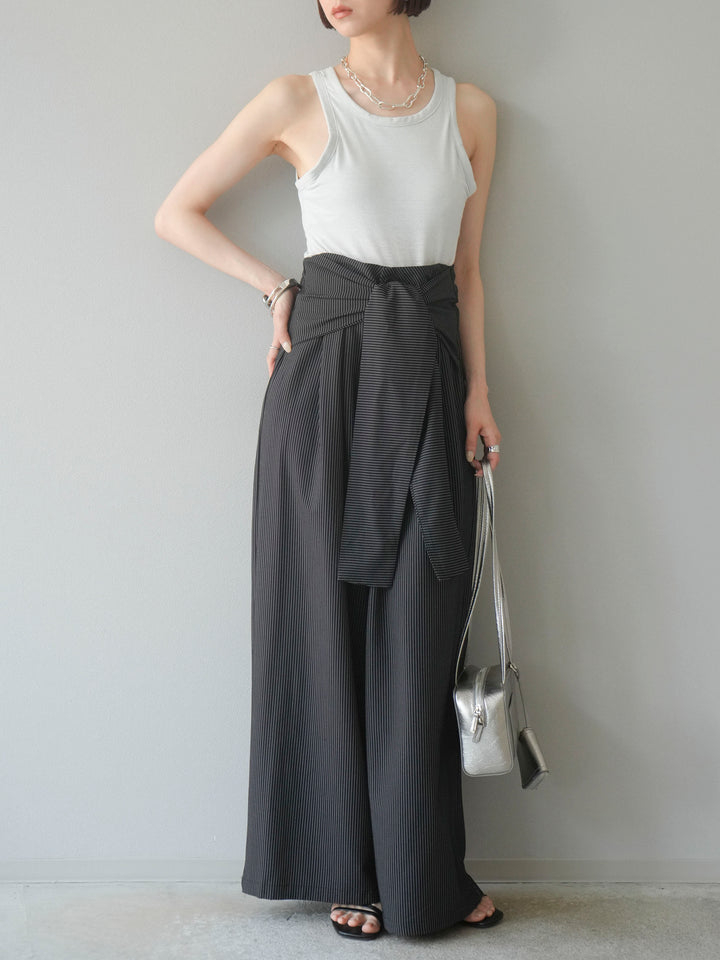 【預購】條紋裹腰闊腿褲/黑色