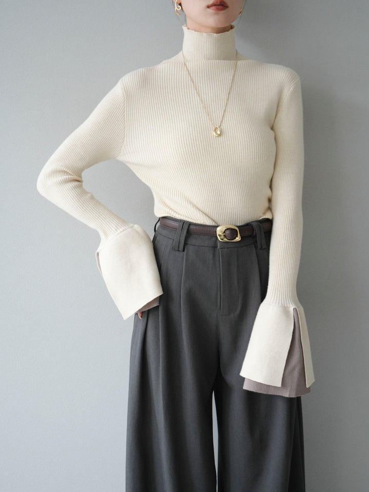[SET] 疊層喇叭袖高領針織上衣 + 雙褶寬褲 (2 套)