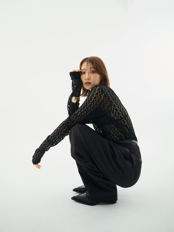 【Allure】[SET]バックラウンドレーストップス+タフタワイドカーブパンツ(2set)