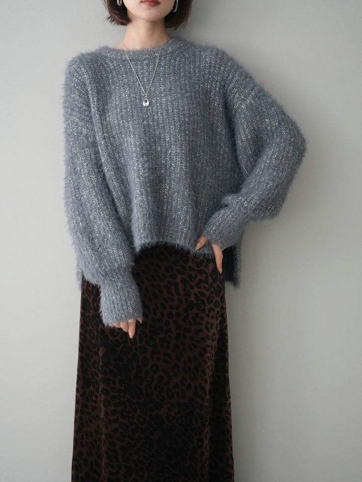 [SET]ボリュームスリーブシャギー MIXニットプルオーバー+レオパードベロアナロースカート(2set)
