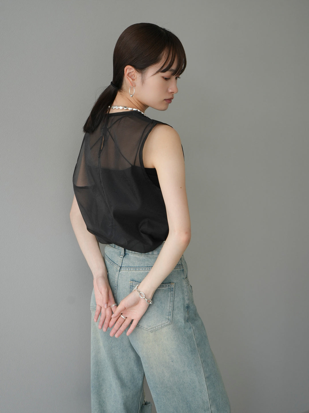 [SET] Organdy sleeveless top + belt asymmetrical damaged denim (2set)