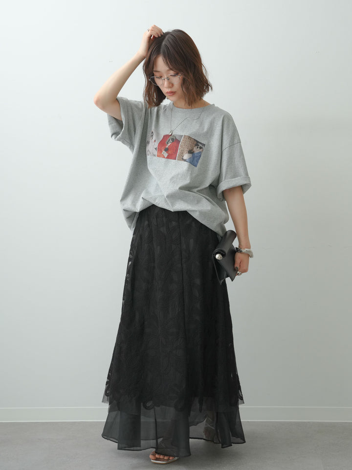 [SET]スリードッグフォトボックスTEE+フラワーレースレイヤードスカート(2set)