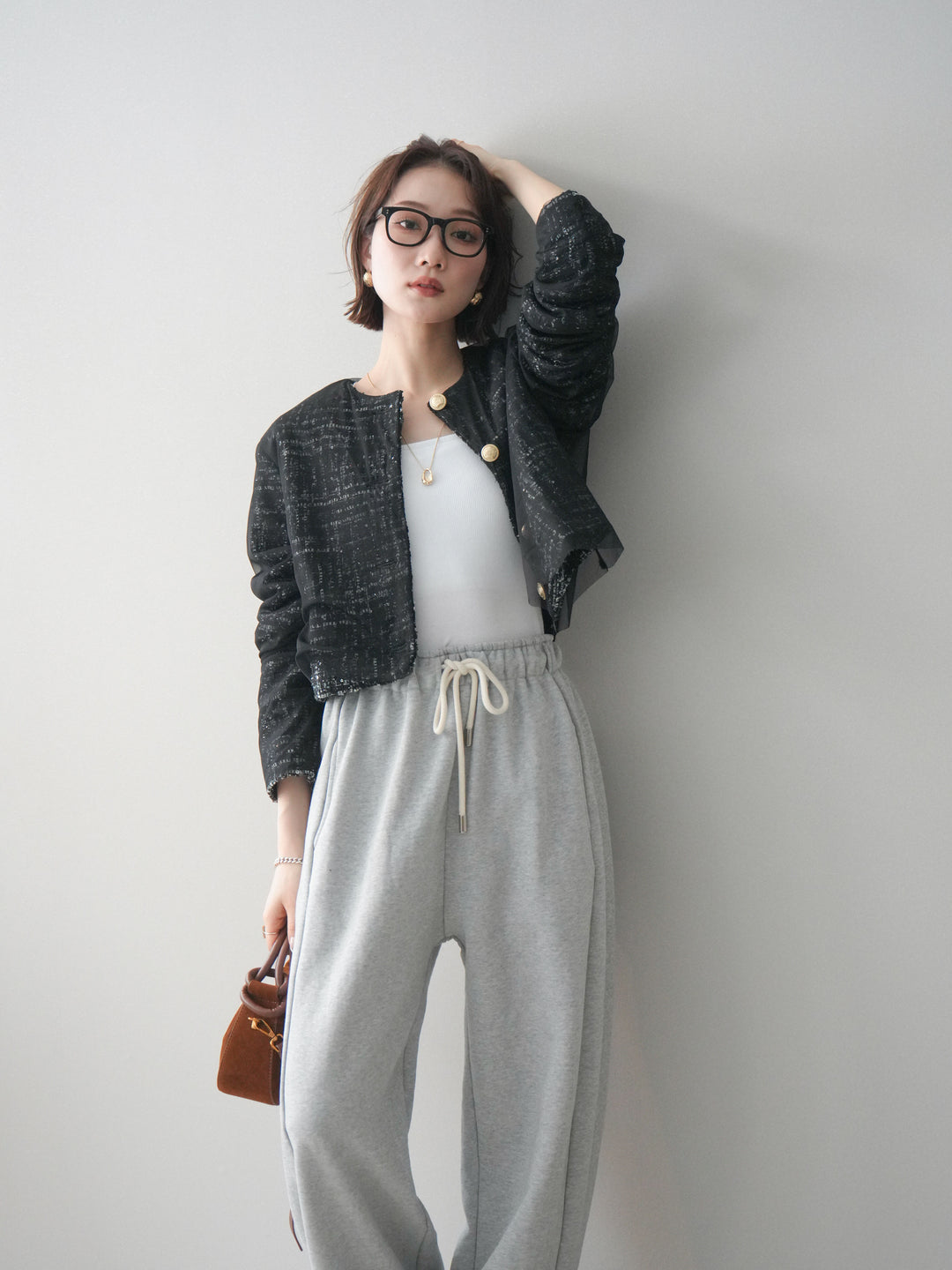 [SET]チュールレイヤードツイードクロップドジャケット+裾ZIPスエットワイドパンツ(2set)