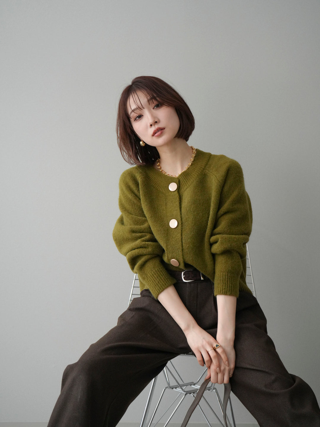 [SET]BIGボタンニットカーディガン+アニマル柄ベルト付きウールタッチワイドパンツ(2set)