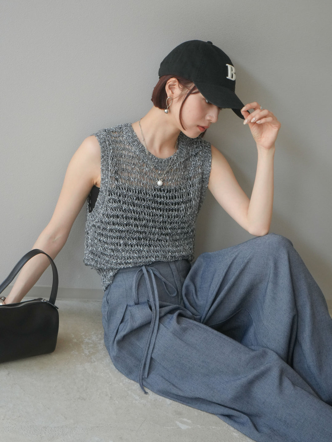 [予約]ミックスヤーン透かし編みニットタンクトップ/ブラック