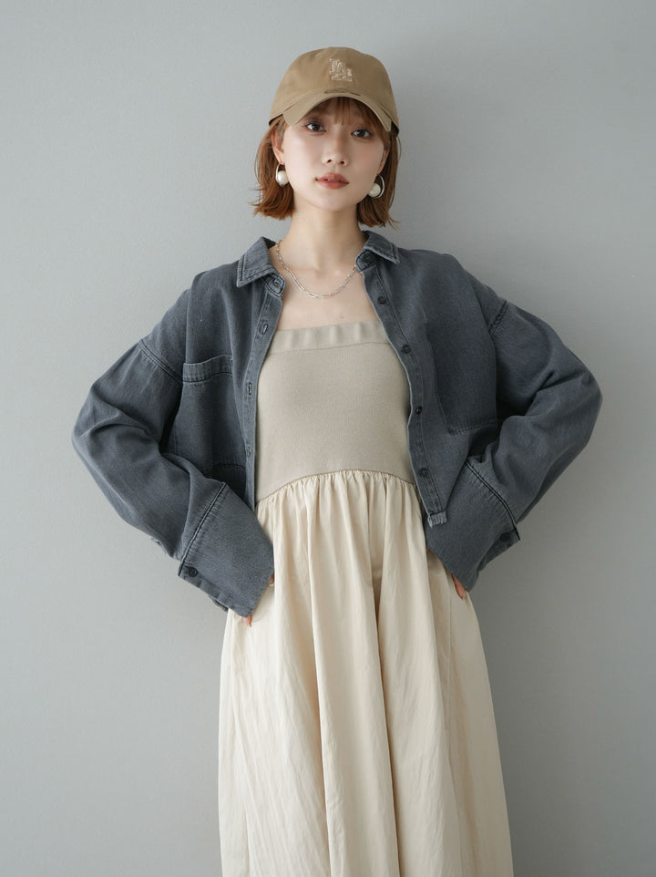 [預訂] 針織 x 塔夫綢小熊洋裝/米色