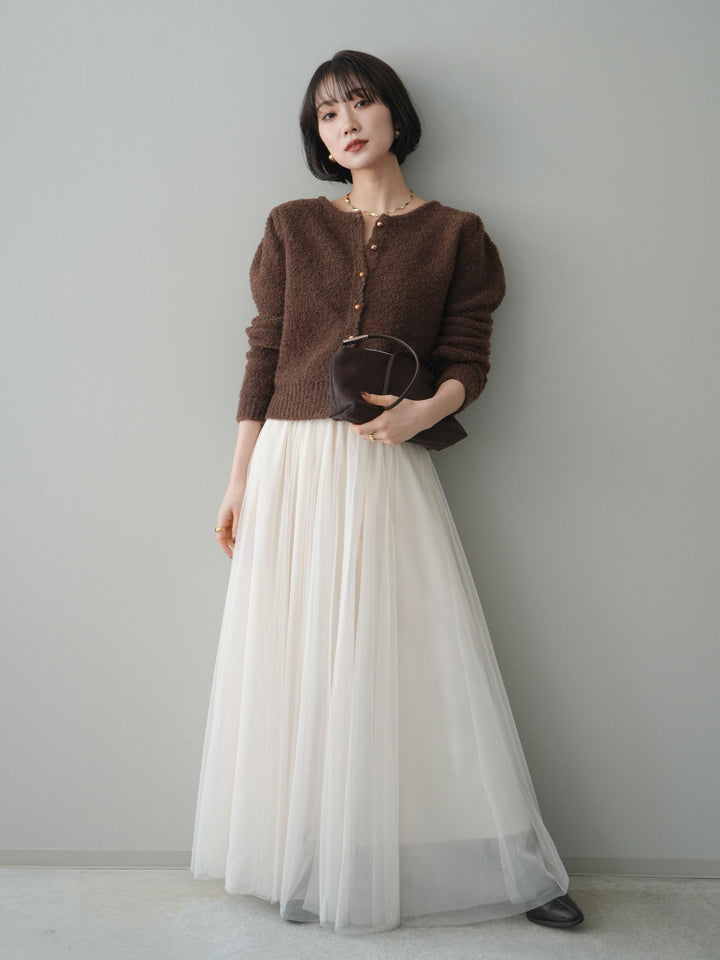 [SET]ゴールドボタンブークレニットカーディガン+チュールボリュームスカート(2set)