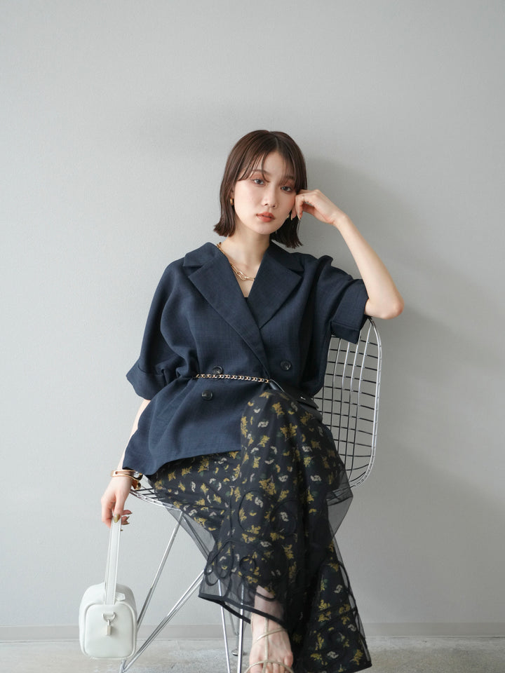 [SET]コード刺繍チュールレイヤードパンツ+ブーケプリントタックパンツ(2set)