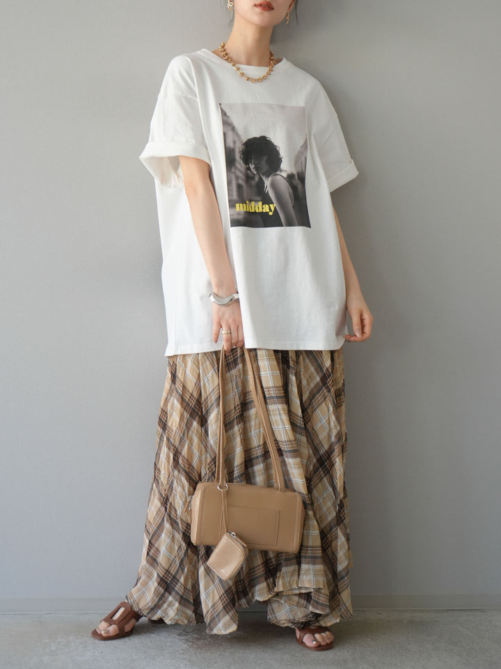 [SET]ネオンロゴフォトプリントBIG Tシャツ+シアーチェックアシンメトリーワッシャースカート(2set)