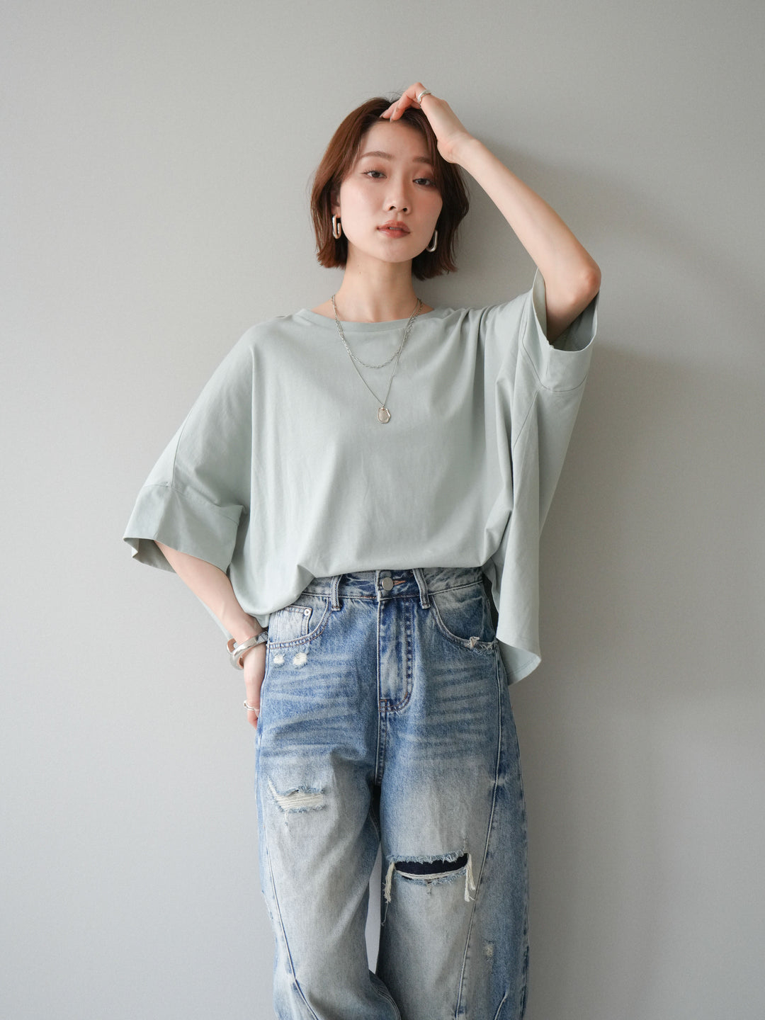 [SET]ドルマンワイドフレアトップス+ダメージカーブワイドデニムパンツ(2set)