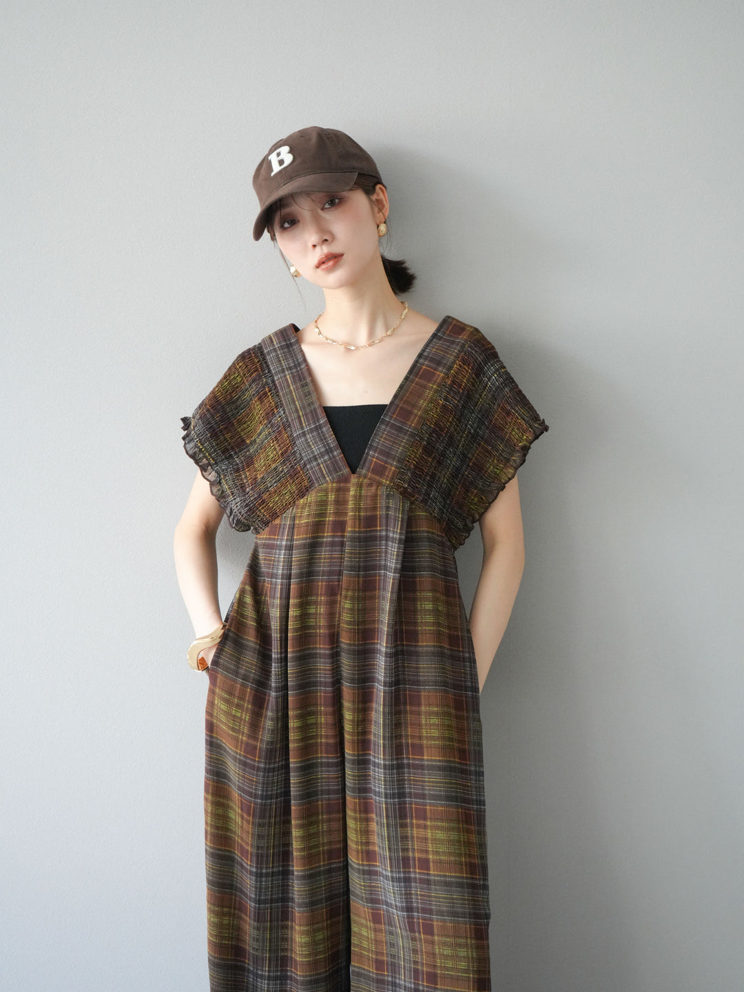 [予約]シアーチェックシャーリングサロペット/ブラウン