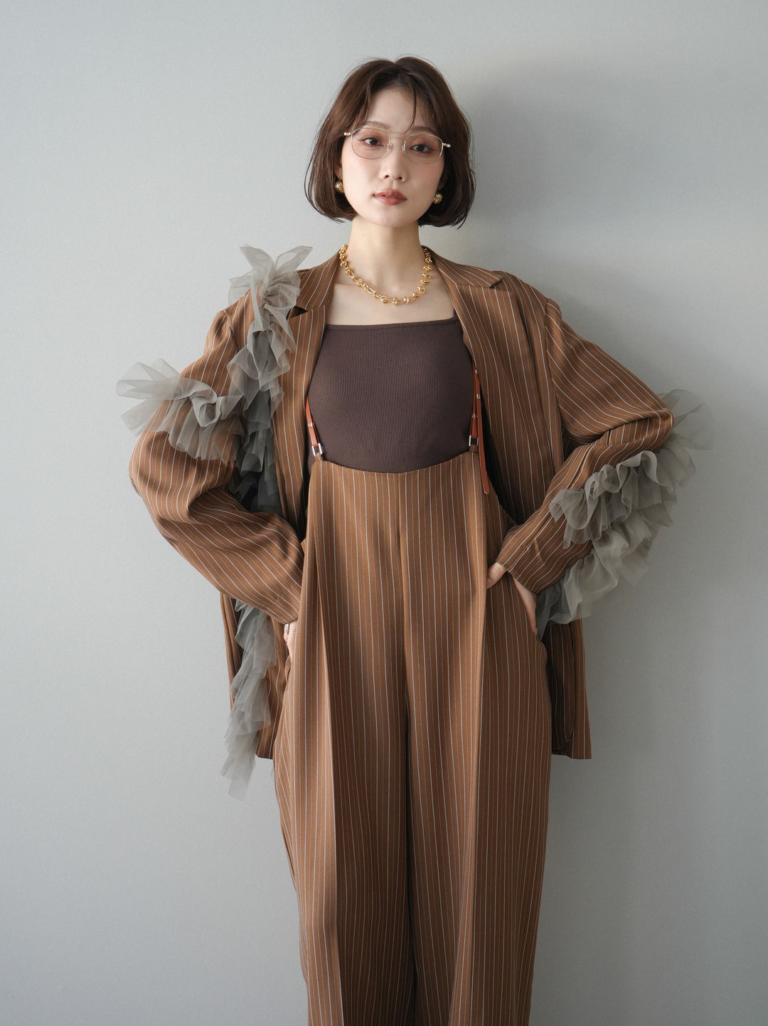 [予約]アシンメトリーチュールストライプジャケット/goldbrown