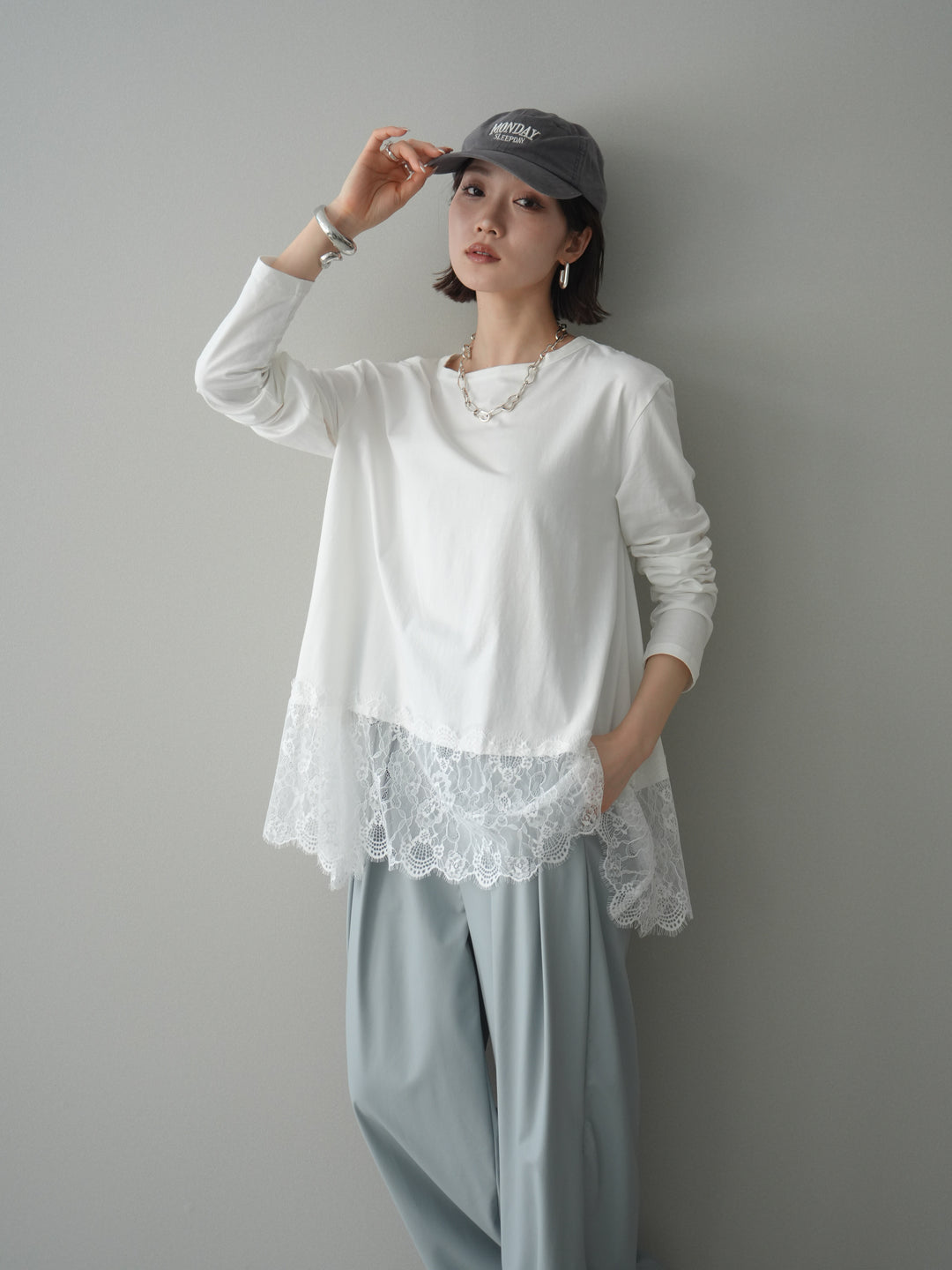 [SET]裾レースロングスリーブTシャツ+選べるアクセセット(2set)