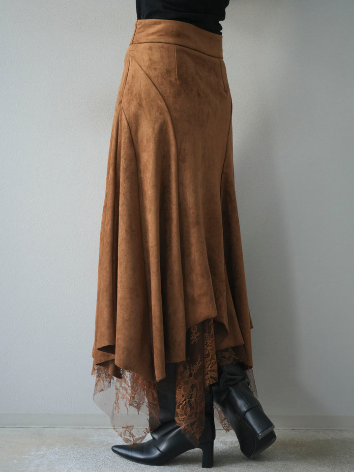 [予約]スエード裾レースアシンメトリースカート/camel