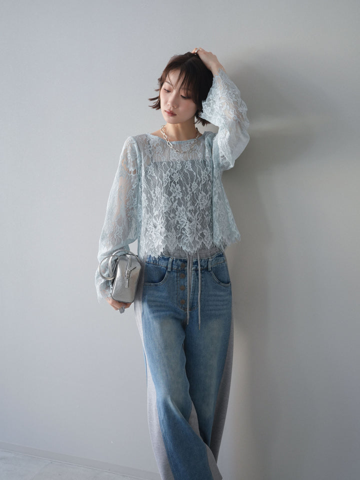 [SET]2WAYスリーブレーストップス+デニム切替スウェットパンツ(2set)