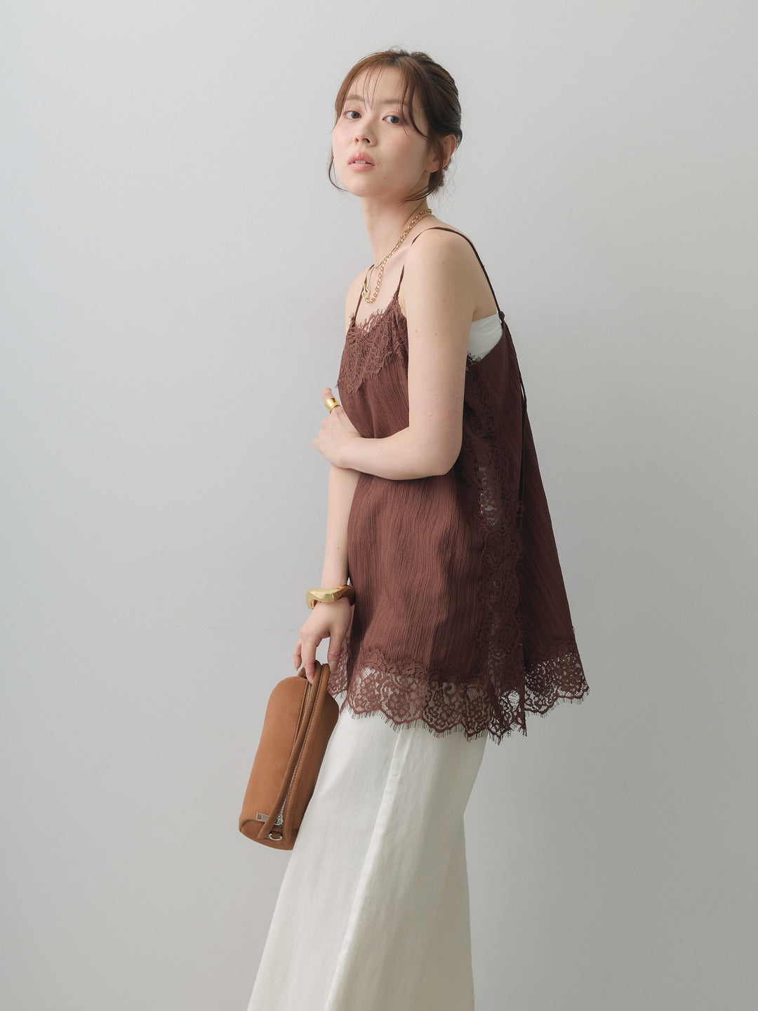 [予約]ワッシャーテクスチャーレーストリムキャミソール/brown
