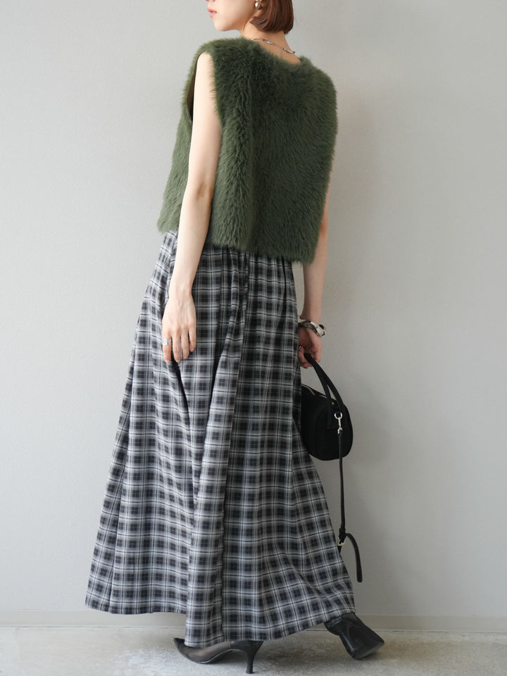 [予約]チェックタックフレアロングスカート/ ブラック
