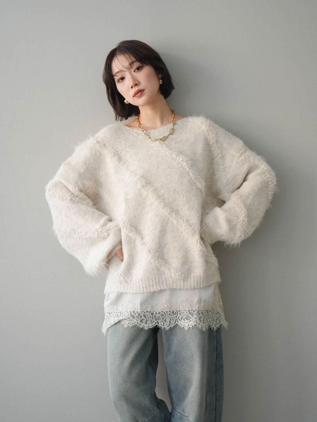 [SET]シャギーデザインニットプルオーバー+選べるアクセセット(2set)