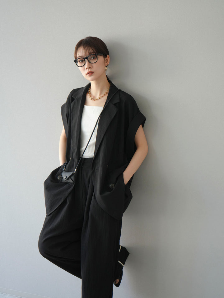 [套裝] 亞麻風格無袖雙背心 + 雙肩帶剪裁羅紋胸罩吊帶背心（2 件套）