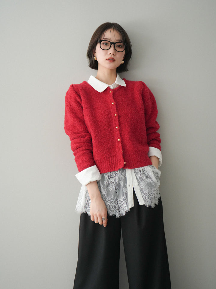 [SET]ゴールドボタンブークレニットカーディガン+総レースボリュームスリーブシャツ(2set)