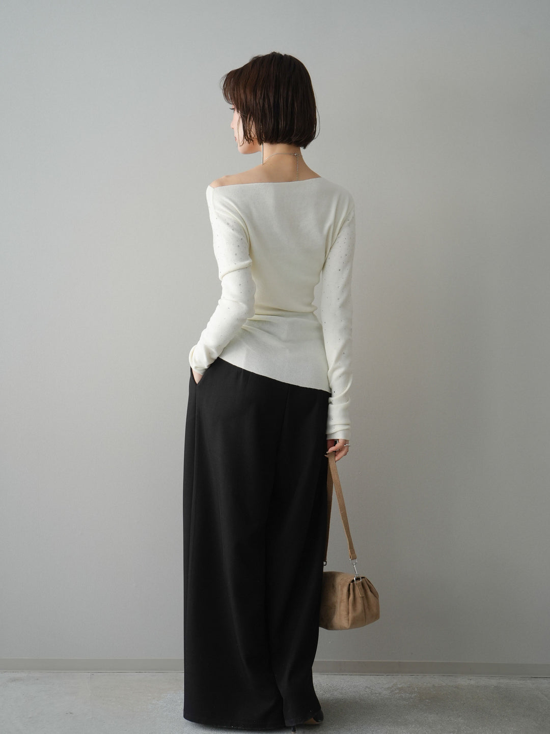 [予約]編み込みベルト付タックワイドパンツ/black