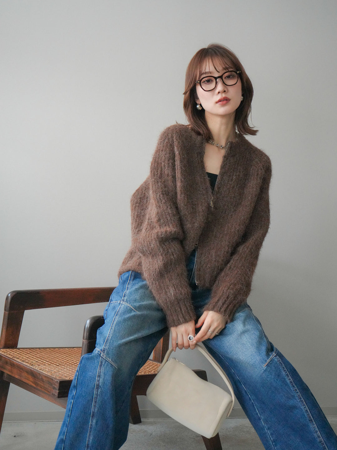 [予約]MIXヤーンモヘアタッチZIPニットカーディガン/brown