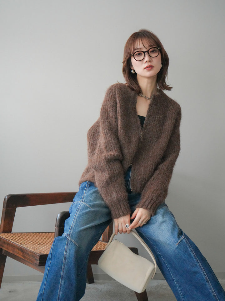 [予約]MIXヤーンモヘアタッチZIPニットカーディガン/brown