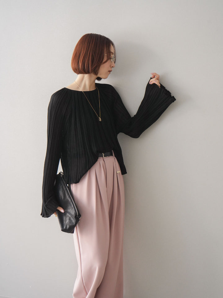 [SET]プリーツシアーフレアスリーブニットトップス+ベルト付キーホルダーモチーフワイドパンツ(2set)