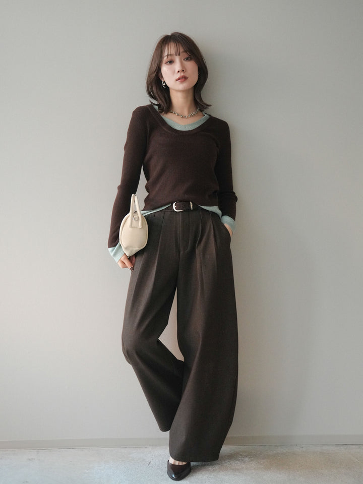 [SET]Uネック配色レイヤードリブニットトップス+アニマル柄ベルト付きウールタッチワイドパンツ(2set)