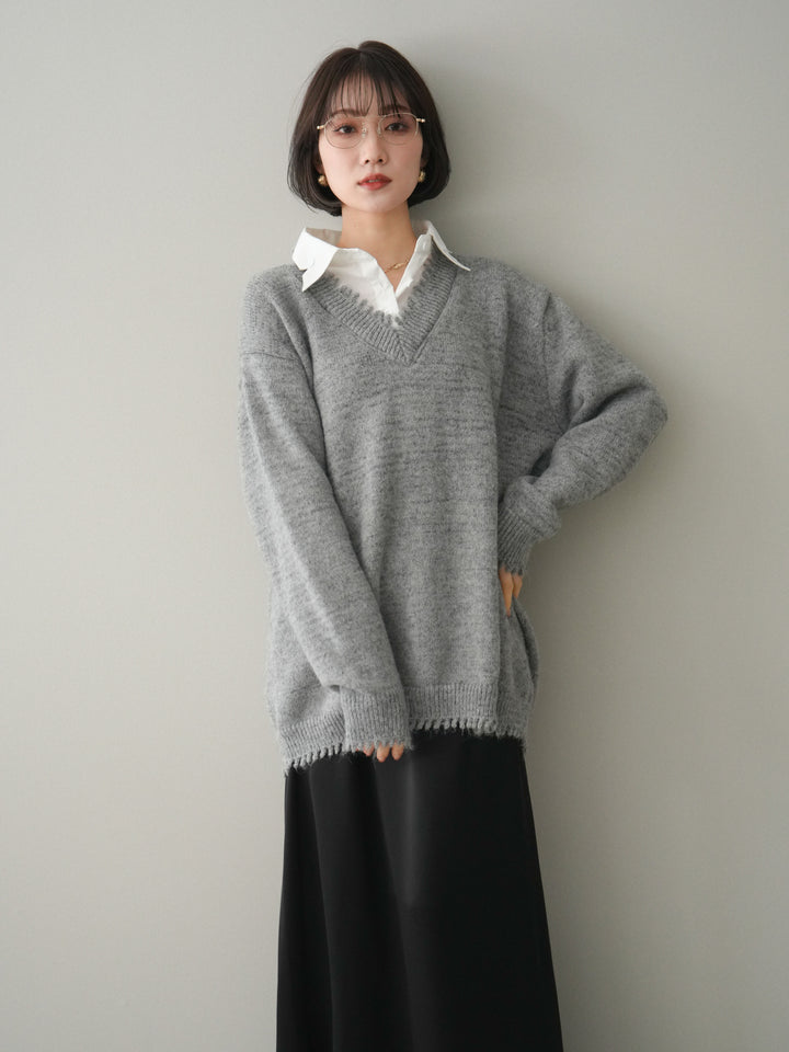 [予約]シャツドッキングVネックフリンジニットプルオーバー/gray