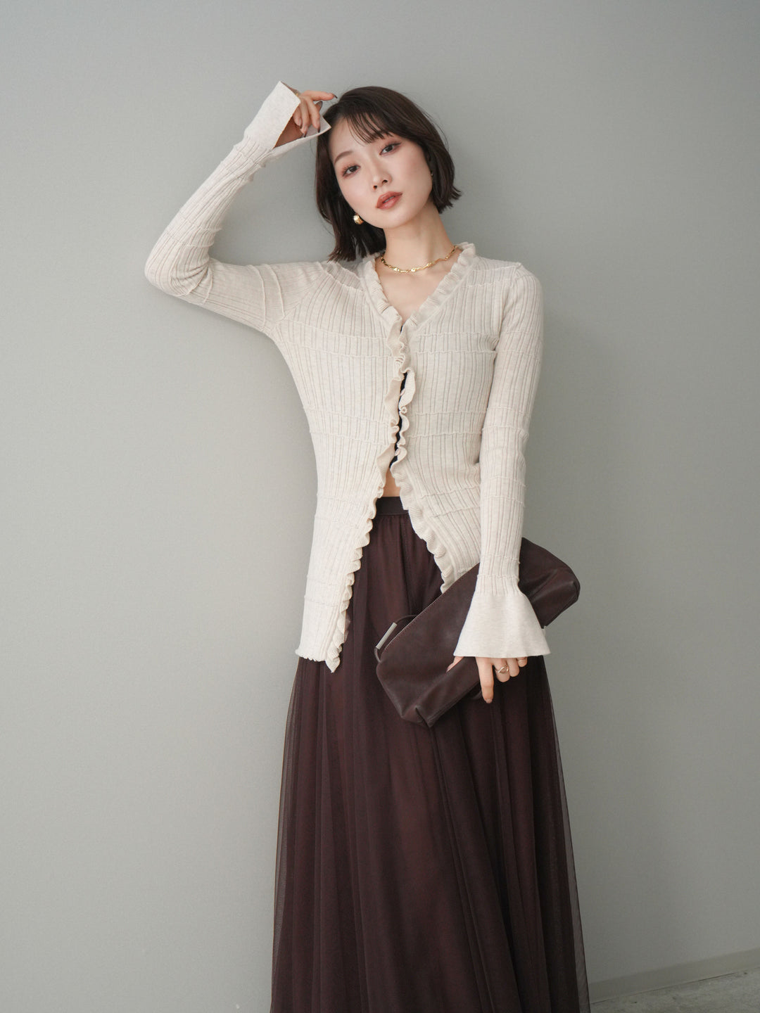 [予約]フロントフリルリブニットカーディガン/beige