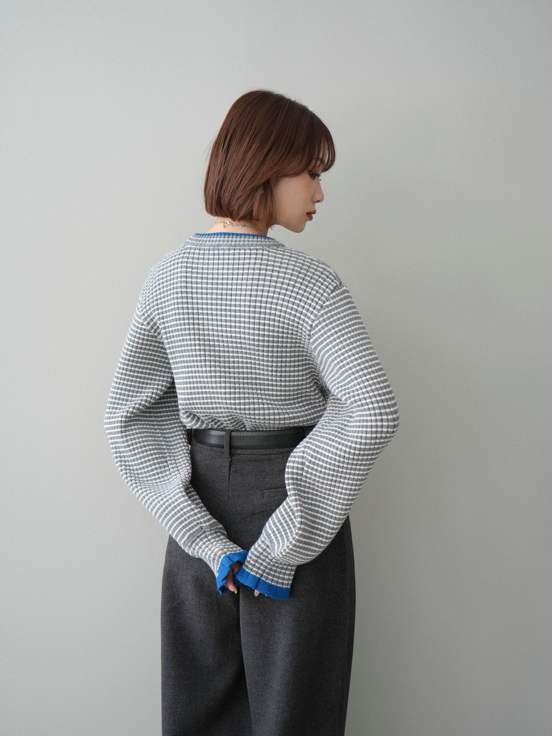 [予約]ラメ異素材ボーダーリブニットプルオーバー/charcoal×blue