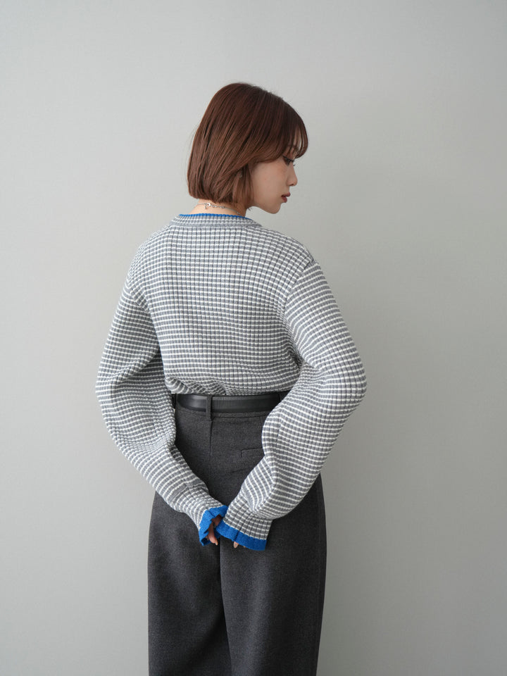 [予約]ラメ異素材ボーダーリブニットプルオーバー/charcoal×blue
